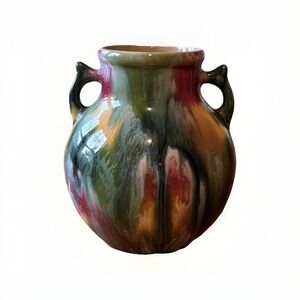 Vtg Czech Drip Glaze Pottery Vase‎ Mid Century Multicolor Double Handle 4.5 MCM